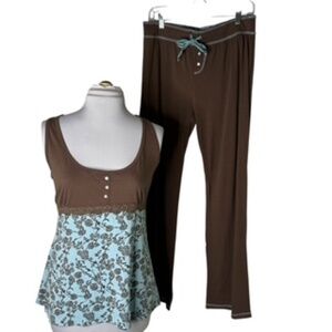 Poppy 2pc Chocolate & Mint Lounge Pajamas Faux Buttons Size L